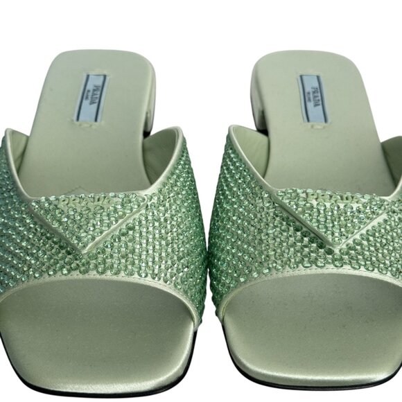 Prada Satin Crystal Embellished Acqua Slide Mules Sandals 37.5, 1XX642 NEW - Picture 3 of 16
